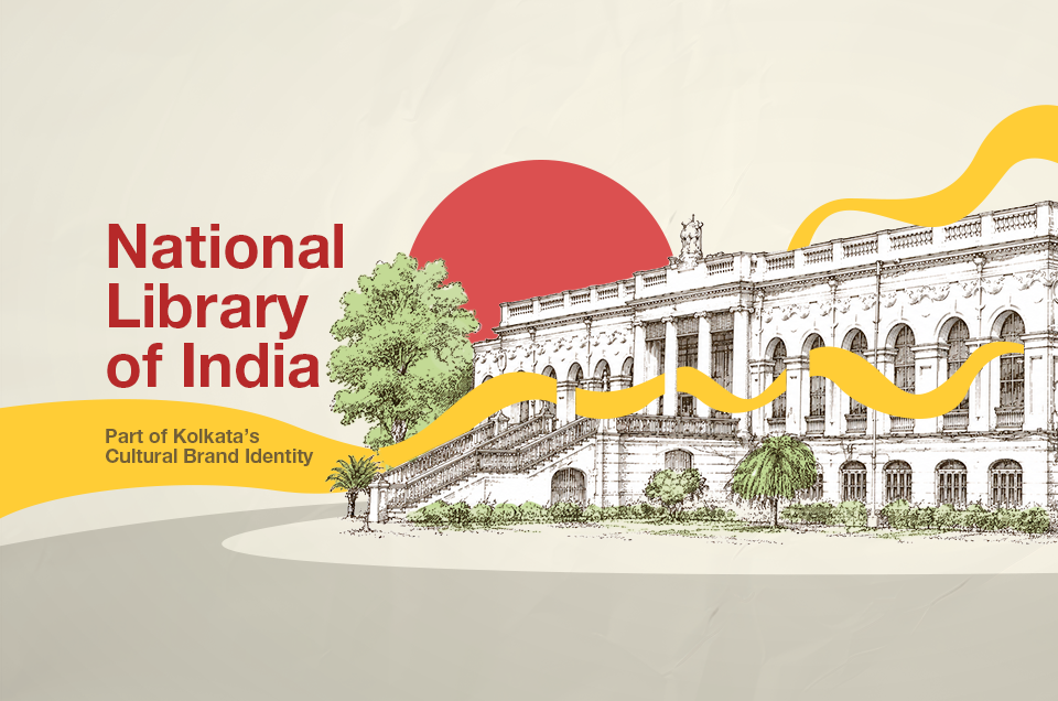 National Library of India heritage building sketch illustration with abstract yellow and red background graphics