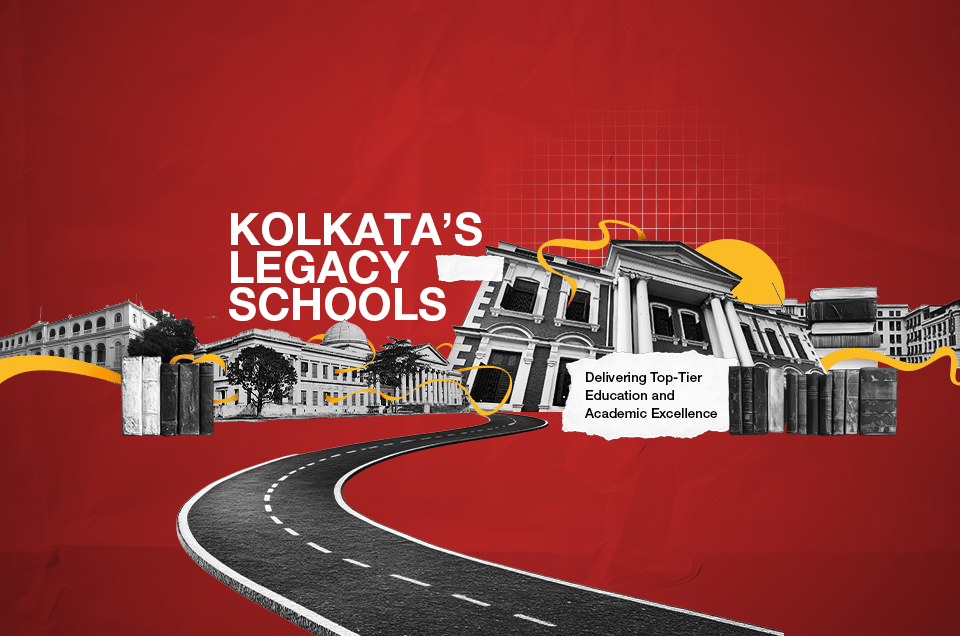 A collage representing Kolkata's legacy schools featuring historic school buildings, vintage books, and a winding road on a red background with text "Kolkata's Legacy Schools – Delivering Top-Tier Education and Academic Excellence.